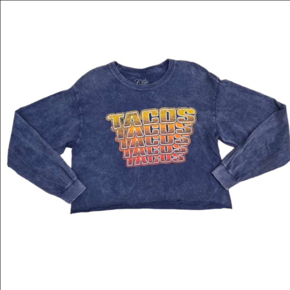 Cold Crush Blue Orange Tacos Long Sleeve Graphic Cropped Tee size large
